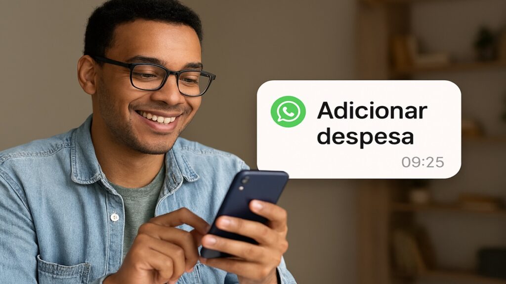 Usuário acessando o WhatsApp para registrar uma nova despesa pelo celular